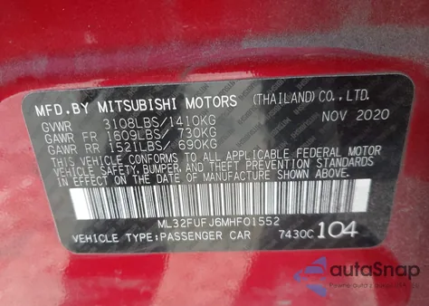 2021 Mitsubishi Mirage G4 Carbonite Edition/Es/Le z USA, uszkodzony, nr VIN ML32FUFJ6MHF01552